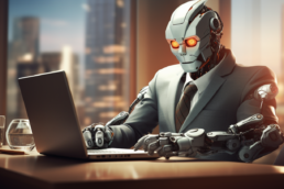 robot boss working at a desk
